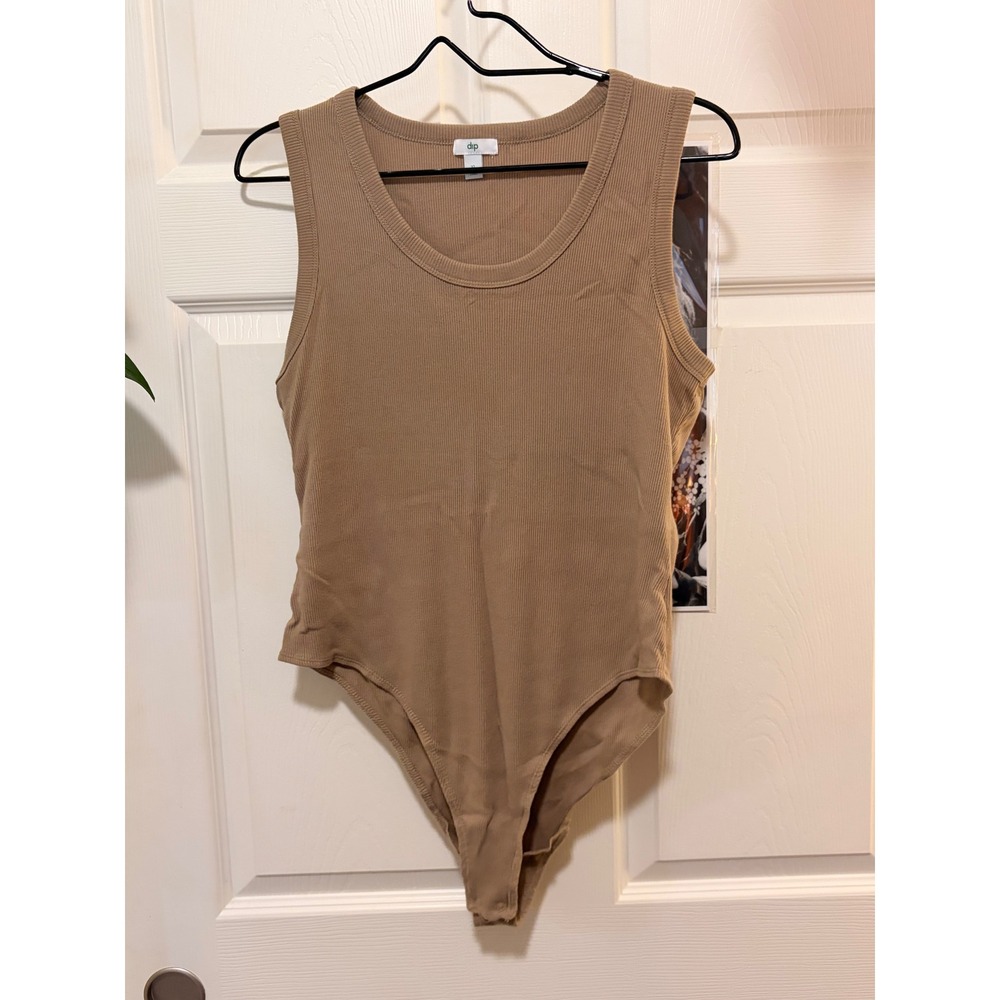 Dip Womens Sleeveless Ribbed Bodysuit Tan Khaki Scoop Neck XL Cotton Modal Blend